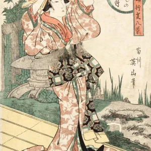 Affiche japonaise antique représentant une femme sur véranda