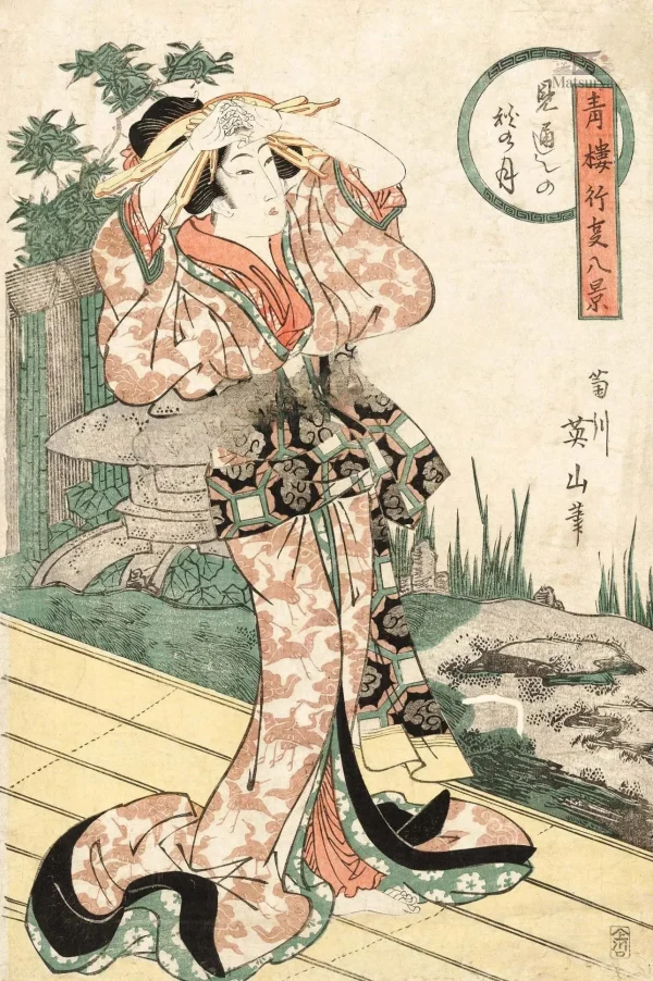 affiche-japonaise-antique-femme-sur-veranda-1 Affiche japonaise antique représentant une femme sur véranda