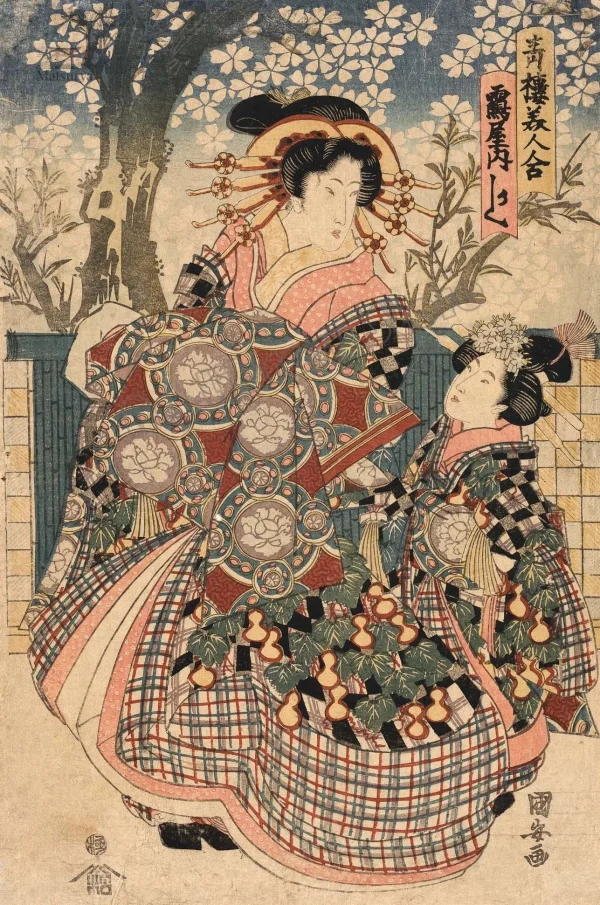 Affiche antique de geisha dansant sous un arbre japonais
