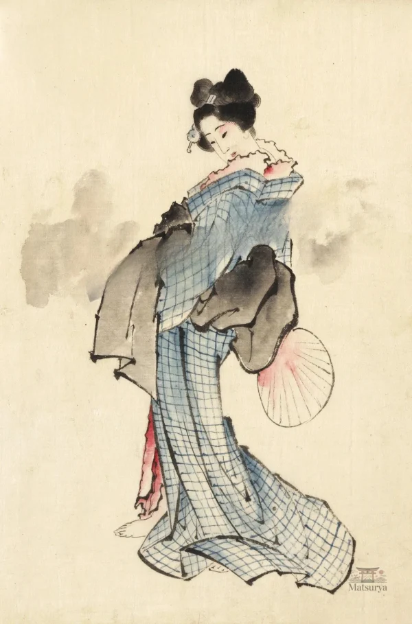 affiche-japonaise-antique-geisha-eventail-en-main-1 Affiche japonaise antique Geisha avec un éventail