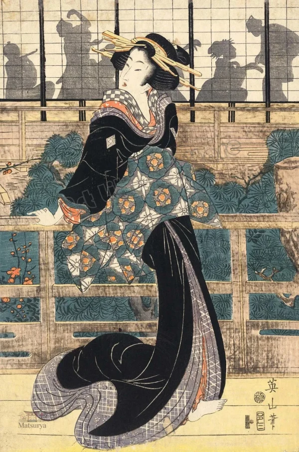 affiche-japonaise-antique-geisha-sur-piste-de-dance-1 Affiche antique japonaise de geisha sur piste de danse