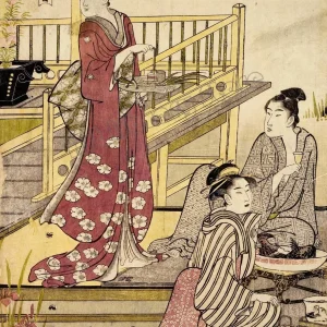 Affiche japonaise antique avec trois geisha sur véranda