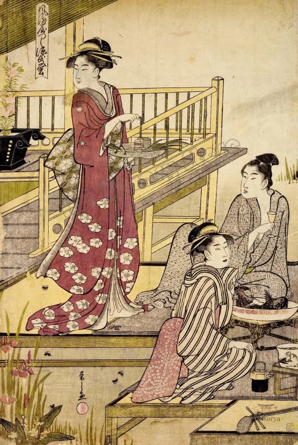 affiche-japonaise-antique-trois-geisha-sur-veranda-1 Affiche japonaise antique avec trois geisha sur véranda