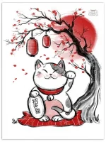Affiche japonaise représentant un chat Maneki Neko