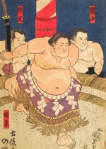 Illustration d'un lutteur sumo sur fond artistique japonais