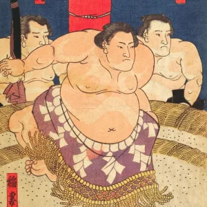 Illustration d'un lutteur sumo sur fond artistique japonais