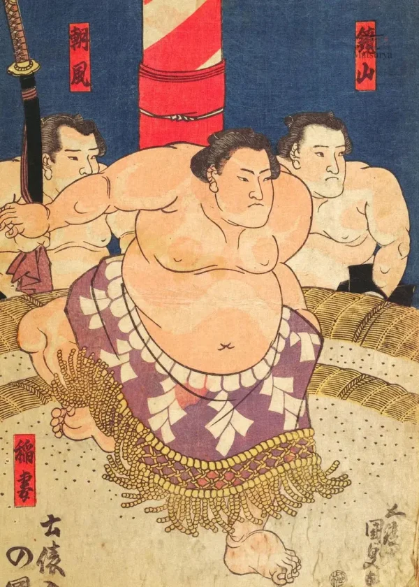 Illustration d'un lutteur sumo sur fond artistique japonais