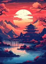 Affiche japonaise représentant un coucher de soleil apaisant