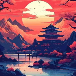 Affiche japonaise représentant un coucher de soleil apaisant