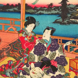 Affiche japonaise de deux geisha assises au balcon