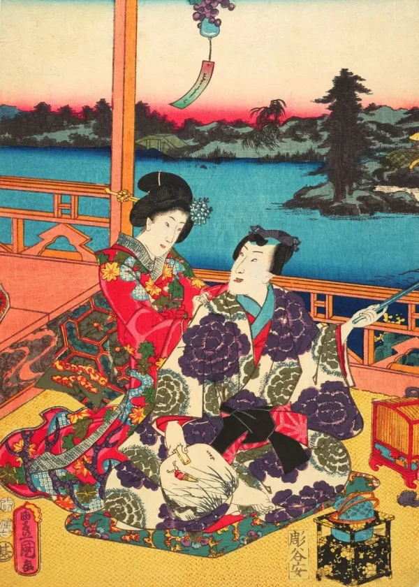 Affiche japonaise de deux geisha assises au balcon