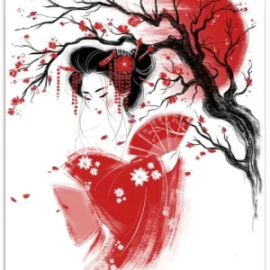 Affiche japonaise femme avec éventail en main