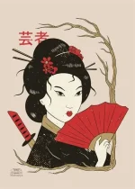 Affiche Geisha japonaise avec éventail en main