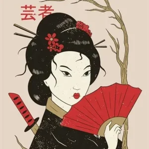 Affiche Geisha japonaise avec éventail en main