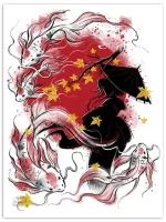 Affiche japonaise avec une geisha et un poisson koi