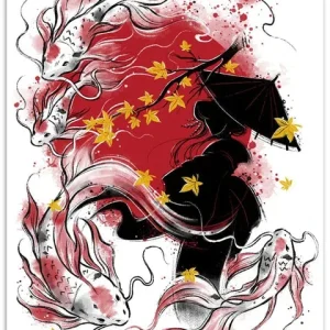 Affiche japonaise avec une geisha et un poisson koi