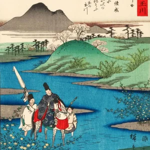 Affiche japonaise d'hommes traversant une rivière à cheval