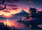 Affiche japonaise représentant un lac au coucher du soleil