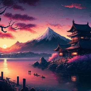 Affiche japonaise représentant un lac au coucher du soleil