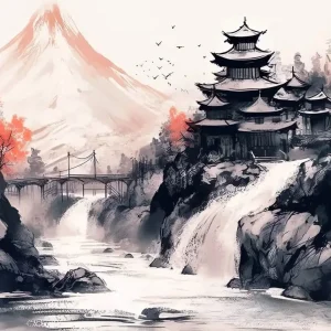 Affiche japonaise de maison traditionnelle et chute d'eau