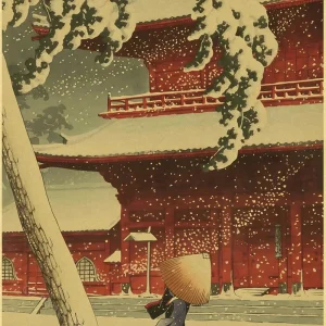 Affiche Japonaise de maisons et arbres enneigés
