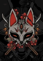 Affiche japonaise représentant le masque Kitsune