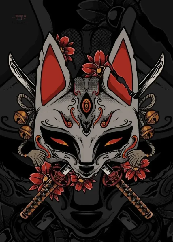 affiche-japonaise-masque-kitsune-1 Affiche japonaise représentant le masque Kitsune