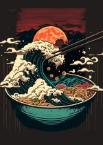 Affiche japonaise motif bol et vague Kanagawa