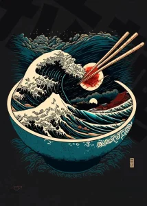 Affiche décorative inspirée des vagues japonaises et bols traditionnels