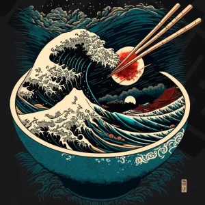 Affiche décorative inspirée des vagues japonaises et bols traditionnels