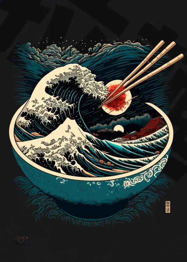 Affiche décorative inspirée des vagues japonaises et bols traditionnels