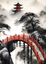 Affiche japonaise motif pont en bois