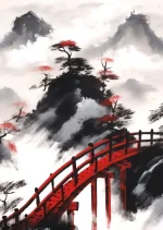 Décoration murale japonaise avec motif de pont en bois