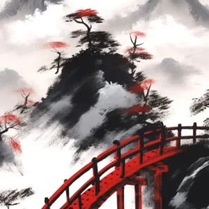 Décoration murale japonaise avec motif de pont en bois