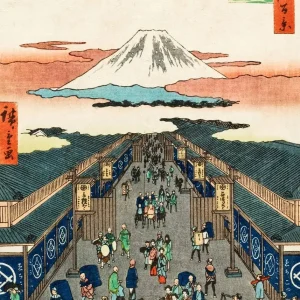 Affiche japonaise motif quartier et Mont Fuji