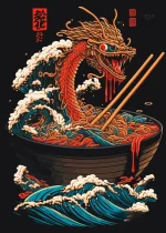 Affiche japonaise motif vague dragon et nouille