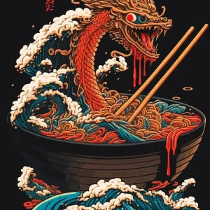 Affiche japonaise motif vague dragon et nouille