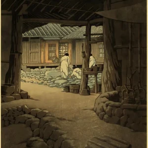Affiche japonaise paysage avec cabanes traditionnelles