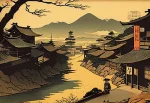 Affiche japonaise paysage maison traditionnelle
