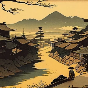 Affiche japonaise paysage maison traditionnelle