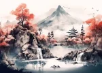 Affiche japonaise de paysage avec roches et cerisiers