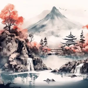Affiche japonaise de paysage avec roches et cerisiers