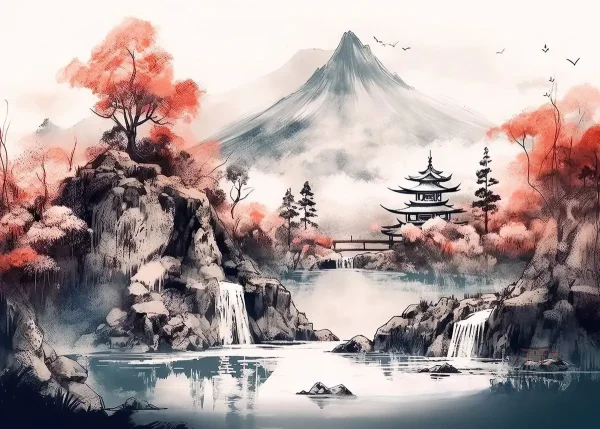 affiche-japonaise-paysage-roches-et-cerisiers-1 Affiche japonaise de paysage avec roches et cerisiers
