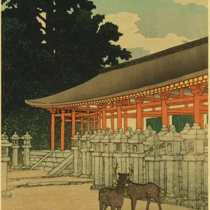 Affiche japonaise représentant un temple sur une colline