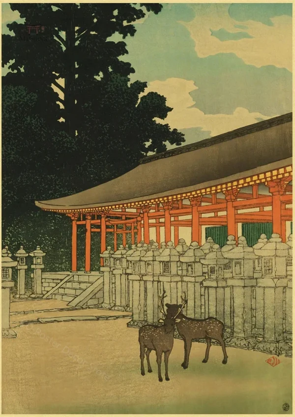 affiche-japonaise-paysage-temple-sur-colline-1 Affiche japonaise représentant un temple sur une colline