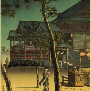 Affiche japonaise de paysage traditionnel avec maisons et arbres