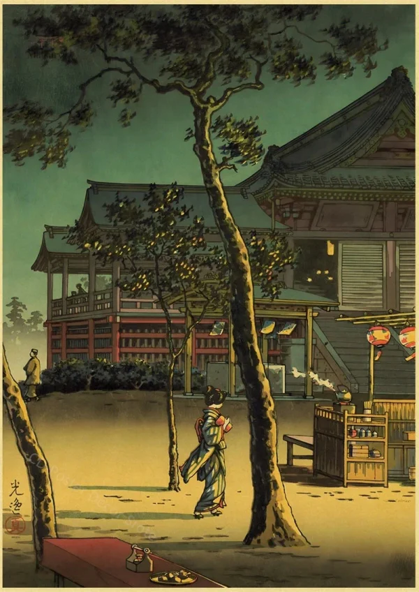 Affiche japonaise de paysage traditionnel avec maisons et arbres
