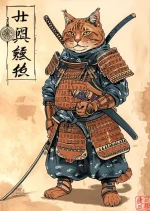 Affiche japonaise rétro représentant un chat samouraï