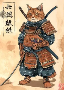 Affiche japonaise rétro représentant un chat samouraï