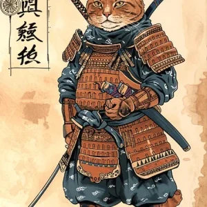 Affiche japonaise rétro représentant un chat samouraï